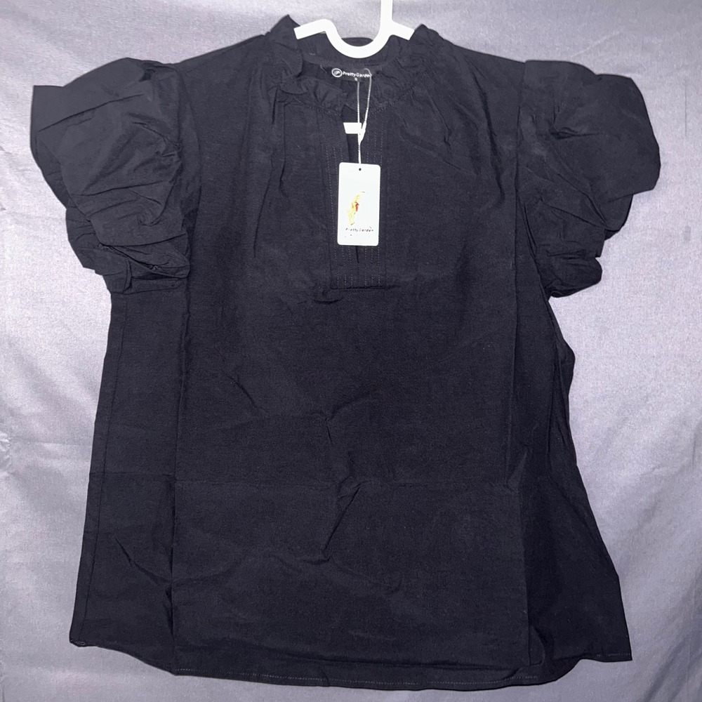 PrettyGarden Women Black Poplin Puff Sleeve Ruffle Neck Split V-Neck Blouse Sm